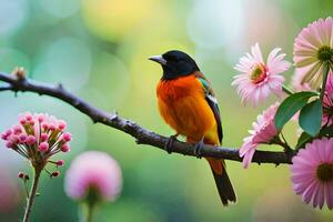 une oiseau est assis sur une branche avec rose fleurs. généré par ai photo