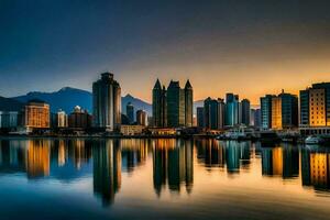 le ville horizon à le coucher du soleil dans abu dhabi. généré par ai photo