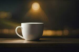 une café tasse séance sur une table dans de face de une floue Contexte. généré par ai photo