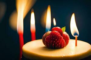 une fraise est séance sur Haut de une gâteau avec bougies. généré par ai photo