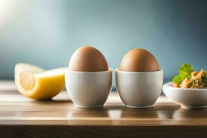 deux des œufs dans blanc tasses avec une bol de des légumes. généré par ai photo