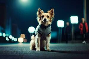 une chien portant une gilet sur le rue à nuit. généré par ai photo