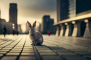 une lapin séance sur une trottoir dans de face de une ville. généré par ai photo