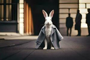 une blanc lapin portant une manteau et cravate. généré par ai photo