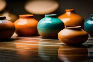 une rangée de coloré des vases séance sur une tableau. généré par ai photo