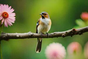 une oiseau est assis sur une branche avec rose fleurs. généré par ai photo