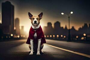 une chien portant une rouge manteau est assis sur le rue. généré par ai photo