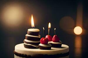 une anniversaire gâteau avec bougies sur il. généré par ai photo