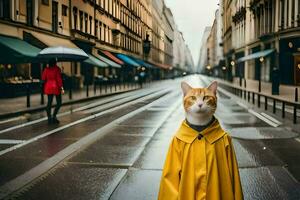 une chat dans une imperméable sur une pluvieux rue. généré par ai photo