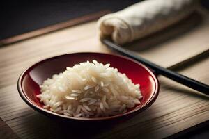 une bol de riz avec baguettes sur une en bois tableau. généré par ai photo