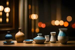 une groupe de des vases séance sur une table dans de face de une la fenêtre. généré par ai photo