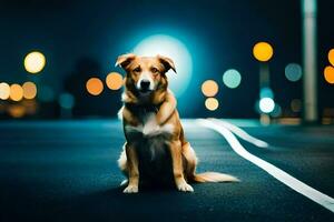 une chien séance sur le route à nuit. généré par ai photo