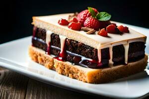 une pièce de gâteau avec Chocolat et des fraises sur il. généré par ai photo