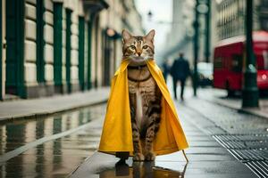 une chat portant une Jaune imperméable sur une ville rue. généré par ai photo