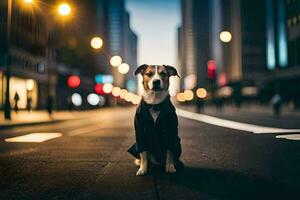 une chien dans une costume séance sur le rue à nuit. généré par ai photo