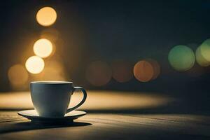 une tasse de café sur une table dans de face de une flou Contexte. généré par ai photo