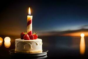 une anniversaire gâteau avec une allumé bougie sur Haut. généré par ai photo