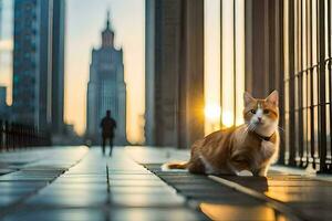 une chat séance sur une pont dans le ville à le coucher du soleil. généré par ai photo