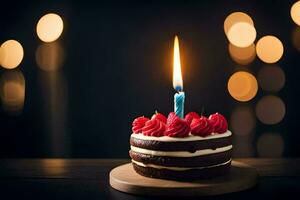 une anniversaire gâteau avec une Célibataire bougie. généré par ai photo