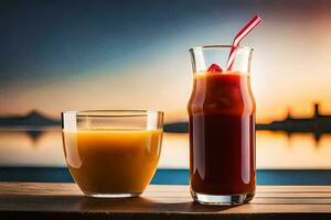 deux des lunettes de jus et Orange jus sur une tableau. généré par ai photo