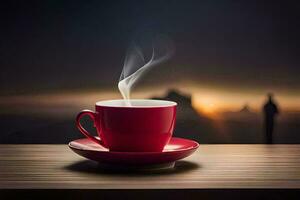 une rouge tasse de café sur une table avec une vue de le le coucher du soleil. généré par ai photo