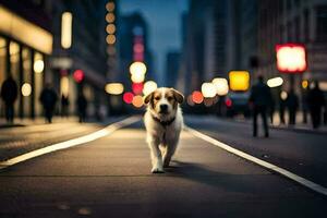 une chien en marchant vers le bas une ville rue à nuit. généré par ai photo