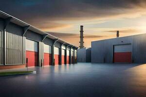 une grand industriel bâtiment avec deux rouge des portes. généré par ai photo