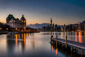 le ville horizon à crépuscule dans shanghaï. généré par ai photo