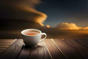 une tasse de thé sur une en bois table avec une le coucher du soleil dans le Contexte. généré par ai photo