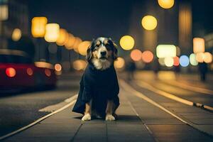 une chien dans une manteau séance sur le rue à nuit. généré par ai photo