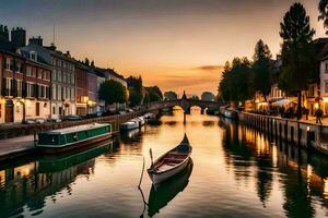 une bateau est amarré dans une canal à le coucher du soleil. généré par ai photo