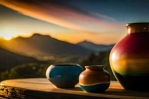 Trois coloré des vases asseoir sur une table avec une le coucher du soleil dans le Contexte. généré par ai photo