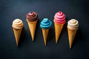 cinq la glace crème cônes avec différent couleurs sur une noir Contexte. généré par ai photo