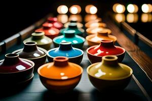 coloré des vases sur une table avec lumières dans le Contexte. généré par ai photo