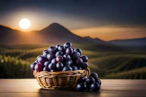 les raisins dans une panier sur une table dans le Contexte. généré par ai photo