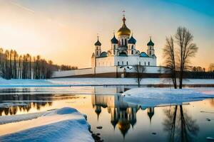 le russe orthodoxe cathédrale dans le l'hiver. généré par ai photo
