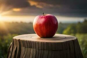 un Pomme est assis sur Haut de une souche dans une champ. généré par ai photo