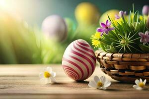 Pâques Oeuf dans une panier avec fleurs. généré par ai photo