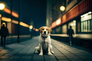 une chien séance sur le trottoir à nuit. généré par ai photo