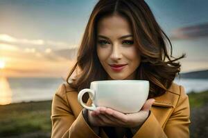 une femme en portant une café tasse dans de face de le le coucher du soleil. généré par ai photo