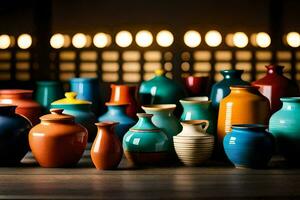 une groupe de coloré des vases séance sur une tableau. généré par ai photo