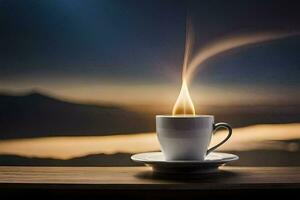 une tasse de café sur une table avec une Feu à venir en dehors de il. généré par ai photo