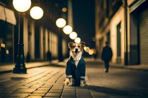 une chien dans une costume permanent sur une rue à nuit. généré par ai photo