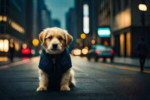 une chien portant une gilet sur le rue à nuit. généré par ai photo