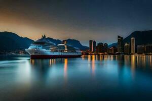 une croisière navire dans le l'eau à nuit. généré par ai photo