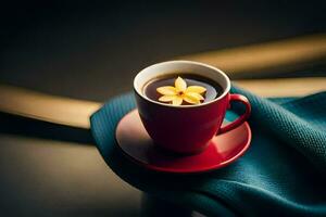 une tasse de café avec une fleur sur il. généré par ai photo