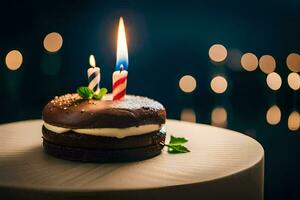 une Chocolat gâteau avec une allumé bougie sur Haut. généré par ai photo