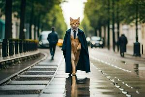une chat habillé dans une costume et attacher en marchant vers le bas une rue. généré par ai photo
