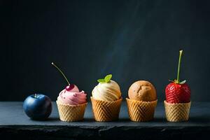 cinq la glace crème cônes avec différent les saveurs. généré par ai photo