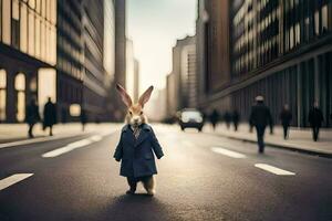 une lapin dans une manteau permanent dans le milieu de une ville rue. généré par ai photo